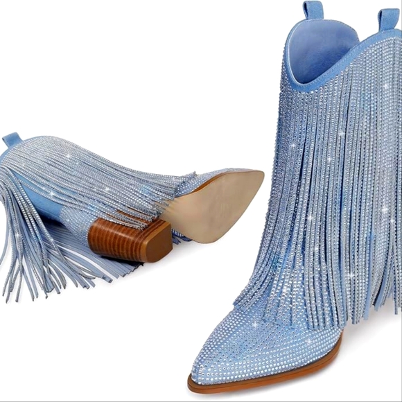 Blue Denim Rhinestone Fringe Boho Western Boots - Picture 5 of 6